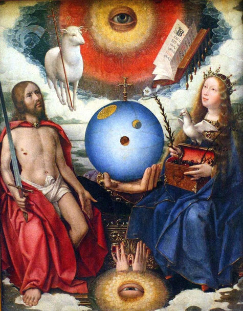 Jan Provoost's Allegory of Christianity. A renaissance painting with a man holding a sword and a woman with a chest of jewels, a hand between them holds a globe, above them a sheep carries a cross and an eye emerges from the clouds. Below them, an eye and two hands emerge.