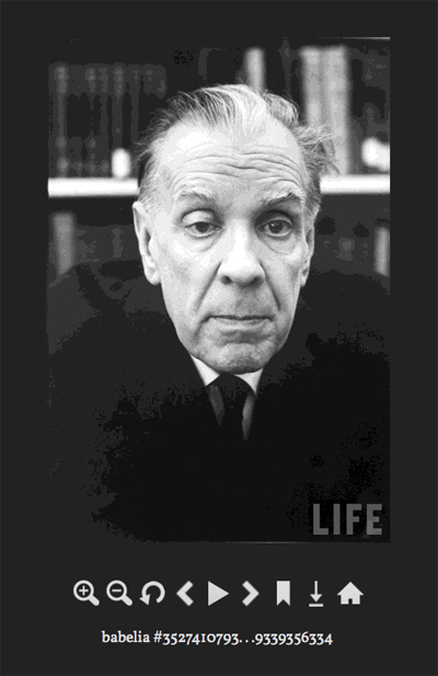 A portrait of Jorge Luis Borges as it appears in the Babel Image Archives. The navigation controls are immediately below it, including links to the slide show, bookmark, and download functions. The truncated image location appears below that.